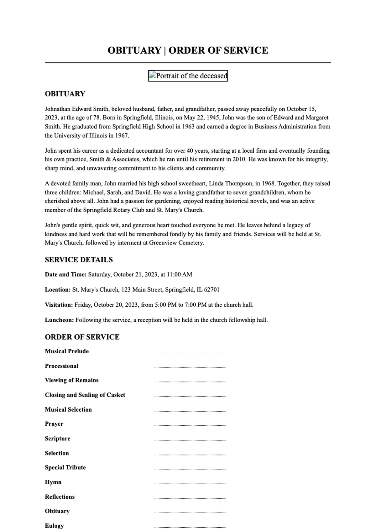 Formal obituary and order of service template with photo and placeholder text_variant_2